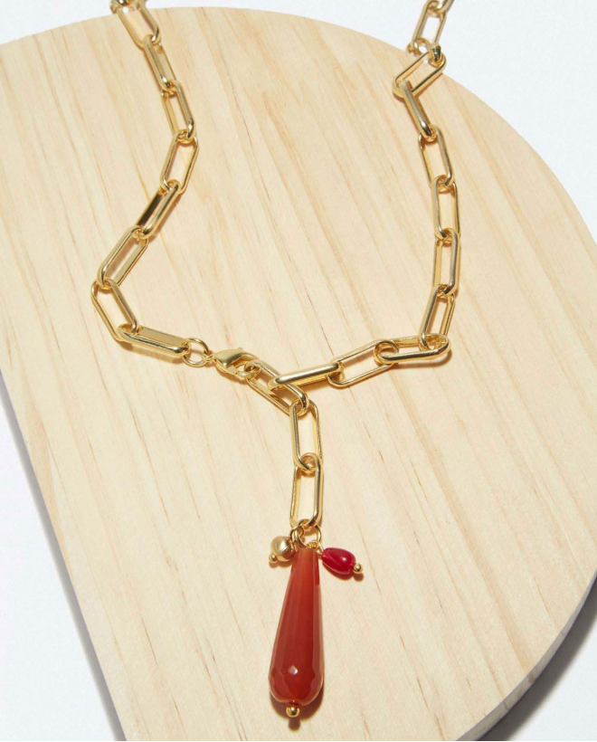 Necklace with natural stone teardrop Red