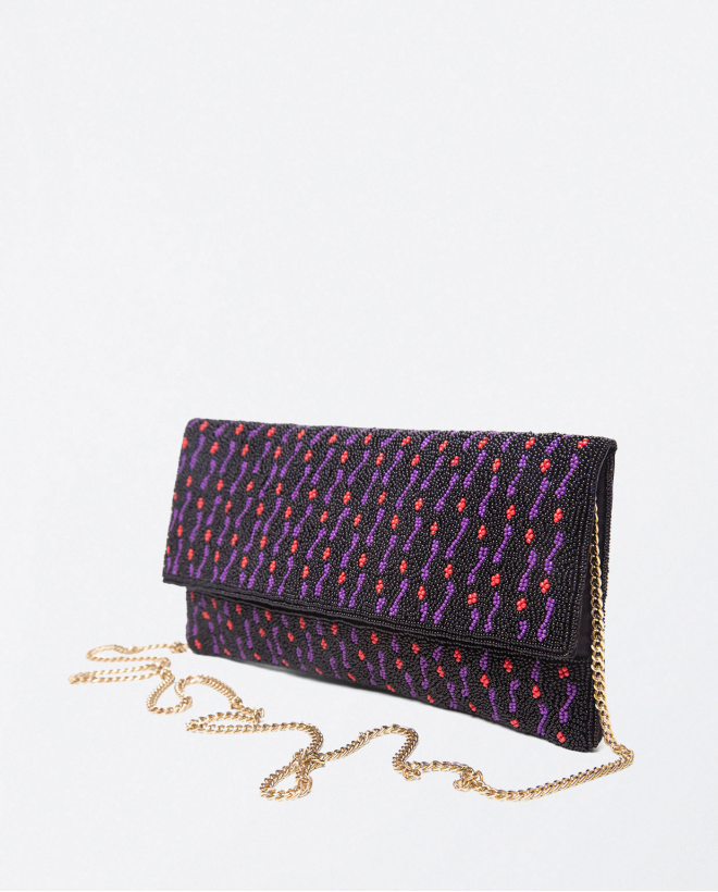 Embroidered and printed flap shoulder bag Purple