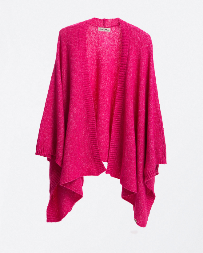 Open short poncho in plain knitted rice fabric Fuchsia