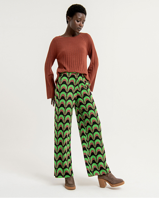 Wide elasticated and printed long trousers Green