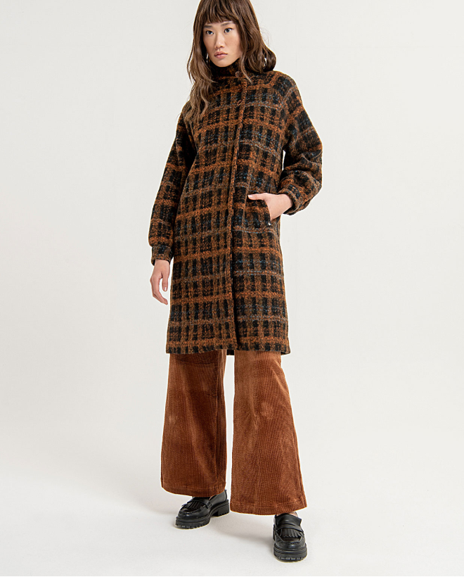 Printed long double breasted turtleneck coat Brown