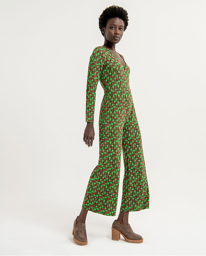 Stretch and printed crossover neckline jumpsuit Green