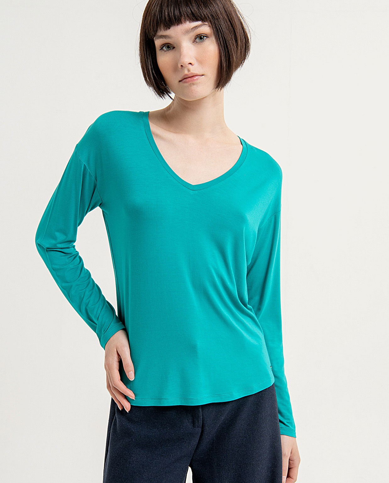 Stretchy and plain V-neck wide t-shirt Turquoise