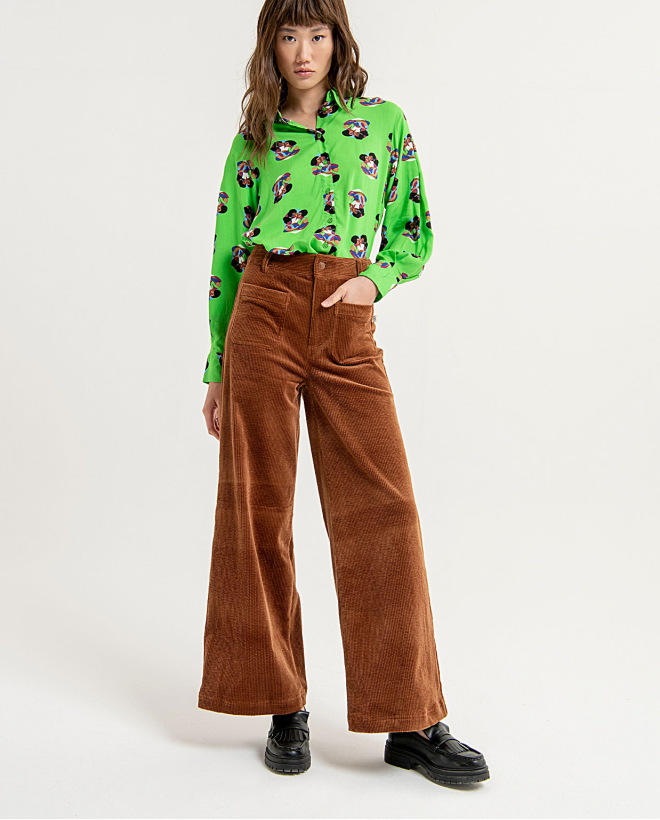 Plain corduroy flare trousers with pockets Brown