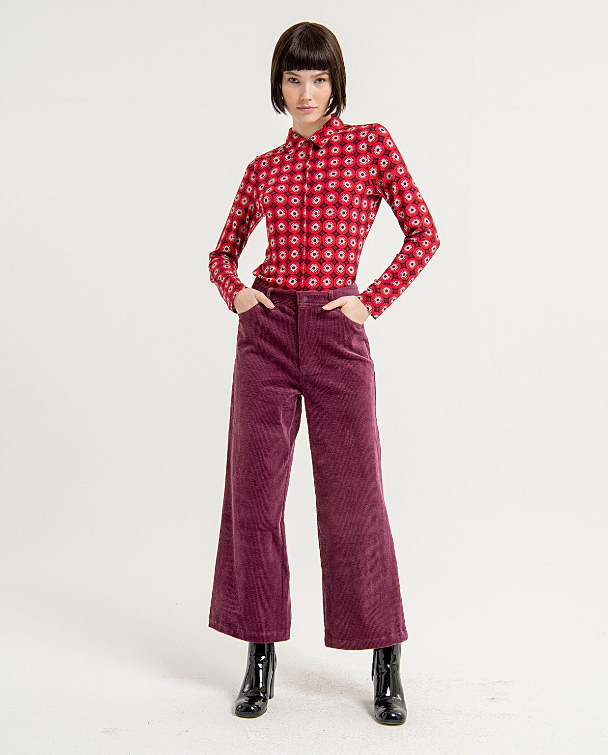 Plain corduroy 5-pocket straight trousers with poc Purple