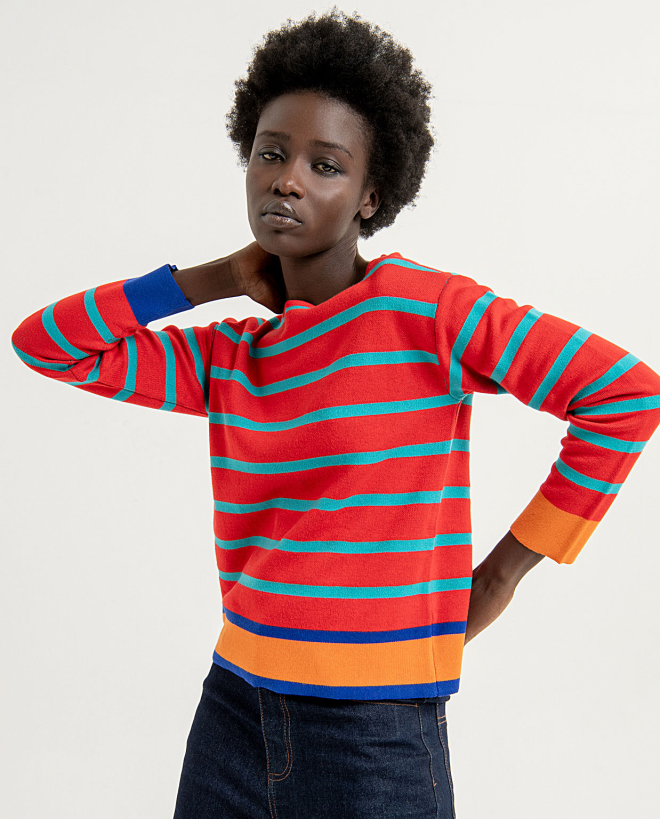 Striped boat neck jacquard knitted jumper Red