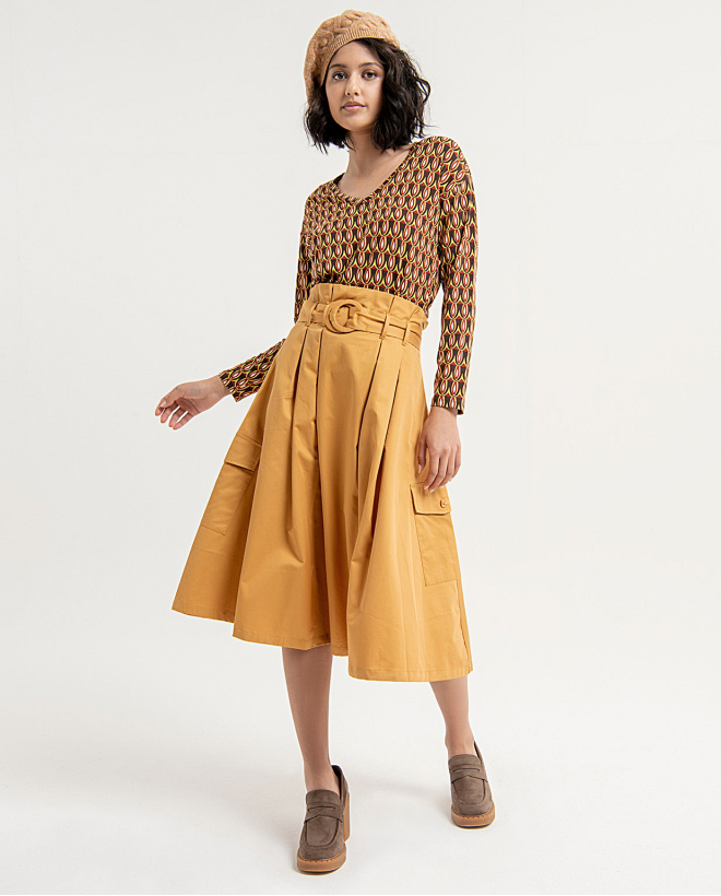 Smooth midi skirt with belt and flounce Yellow