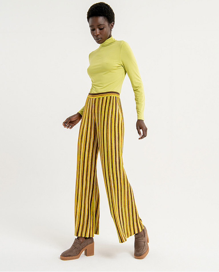 Ribbed striped printed flare trousers Yellow
