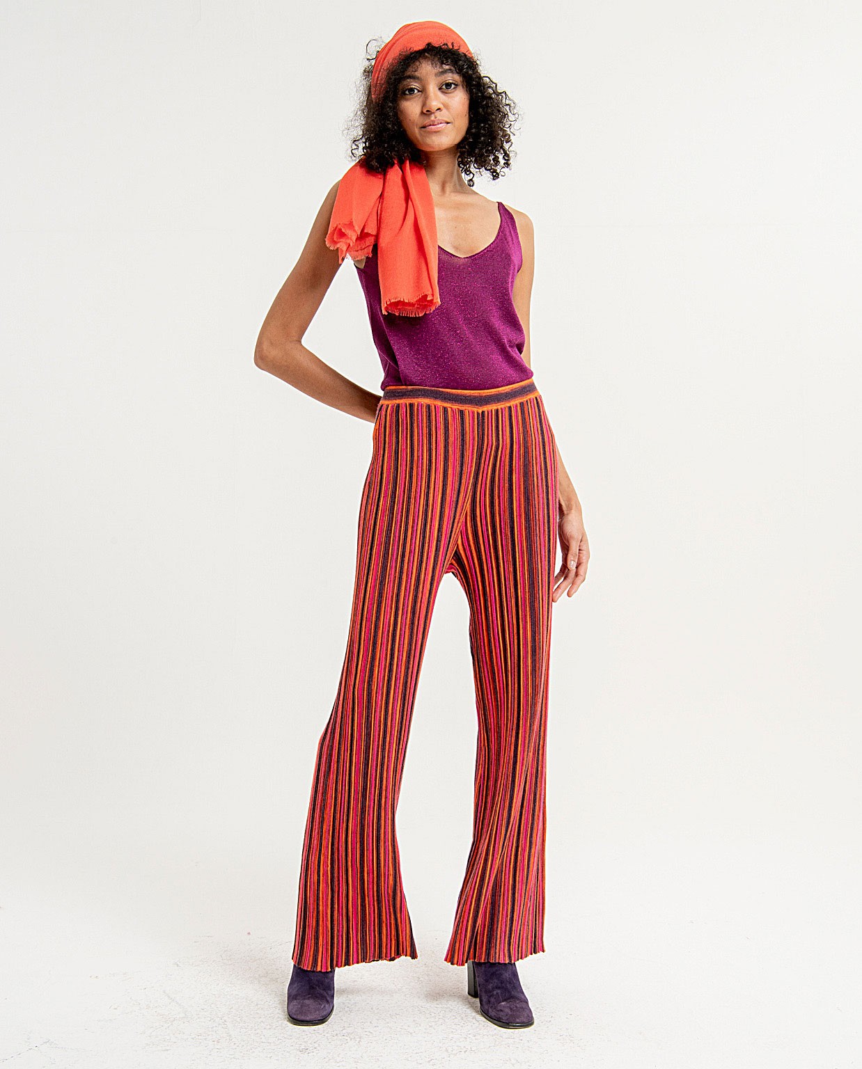 Ribbed striped printed flare trousers Red