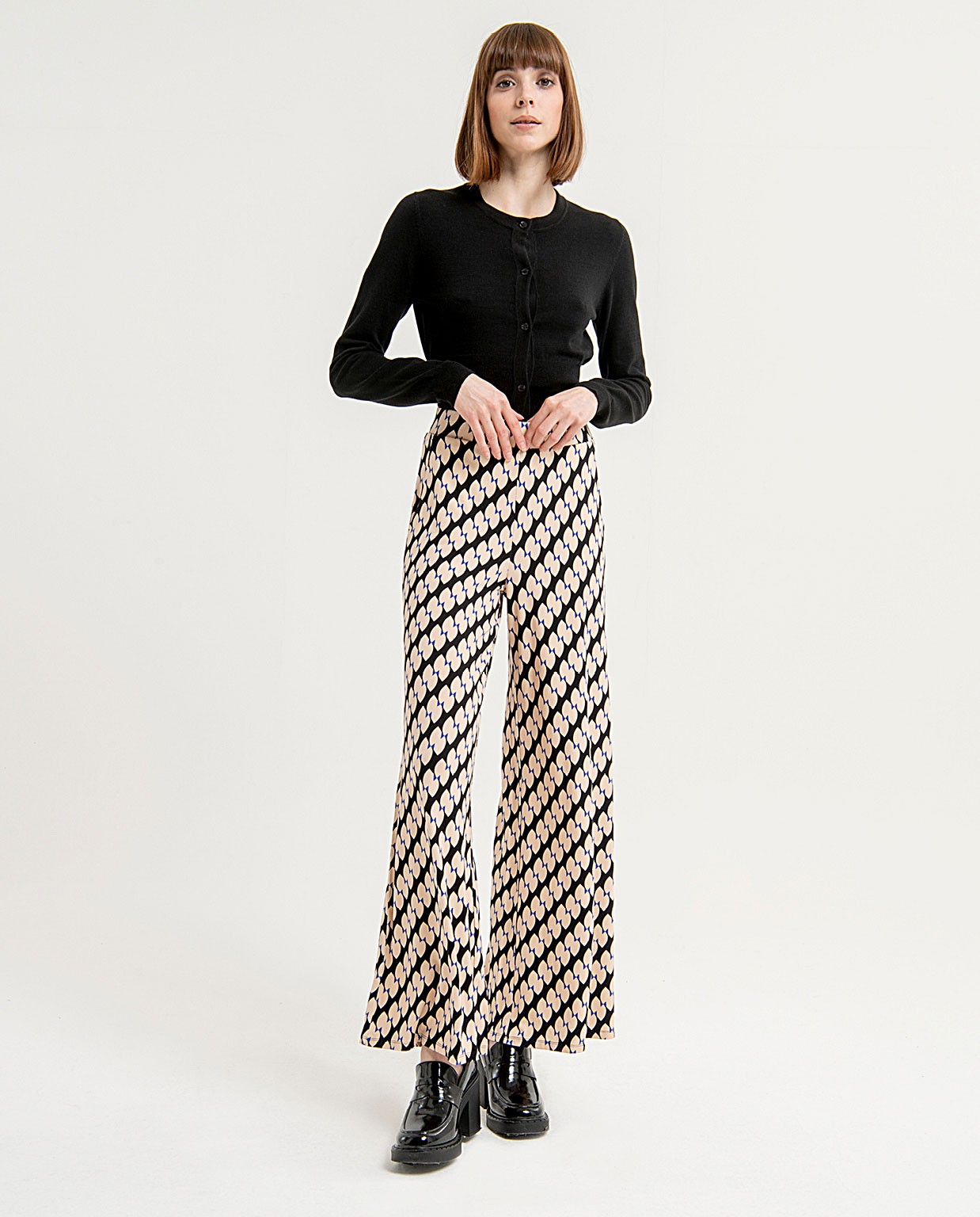Stretch printed wide trousers Black