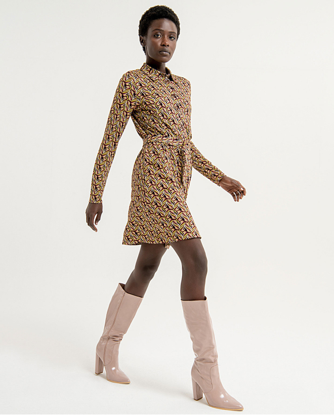 Stretch and printed short shirt dress Brown