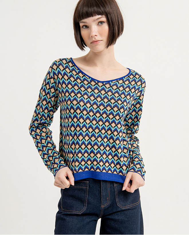 Stretch printed knit pullover Blue