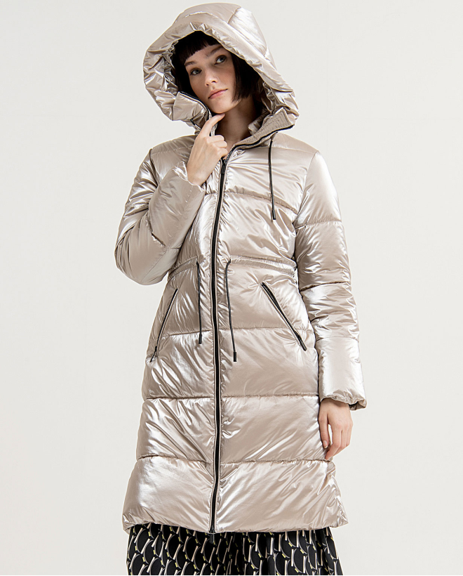 Shiny midi down jacket with hood and collar Beige