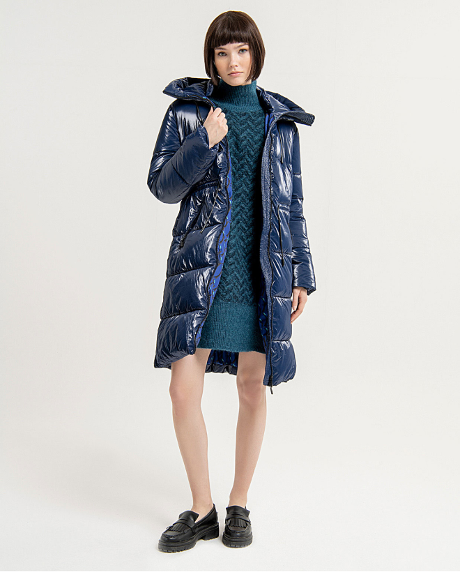 Shiny midi down jacket with hood and collar Blue