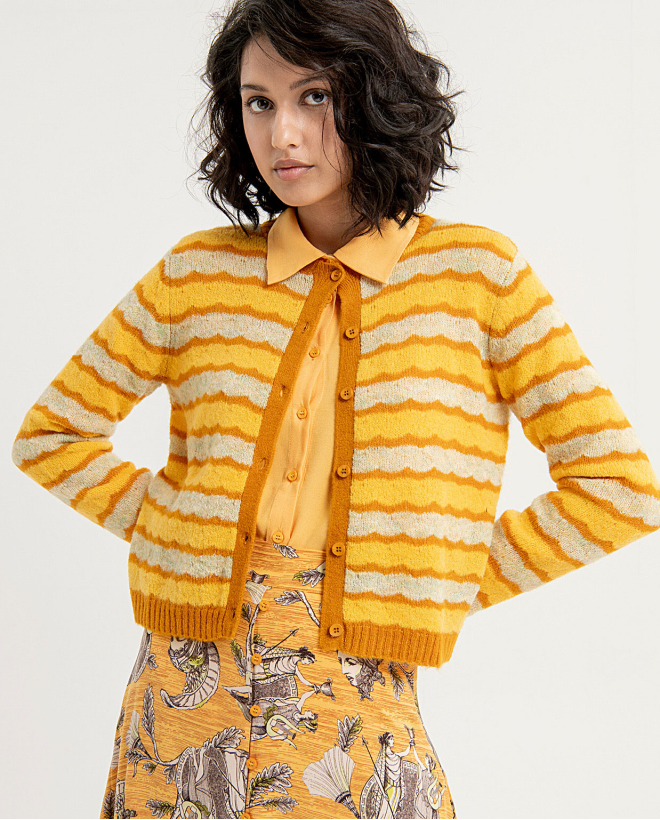 Knitted cardigan with striped round collar Yellow