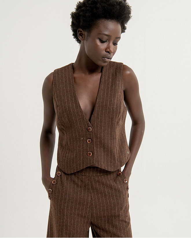 V-neck waistcoat with striped buttons Brown