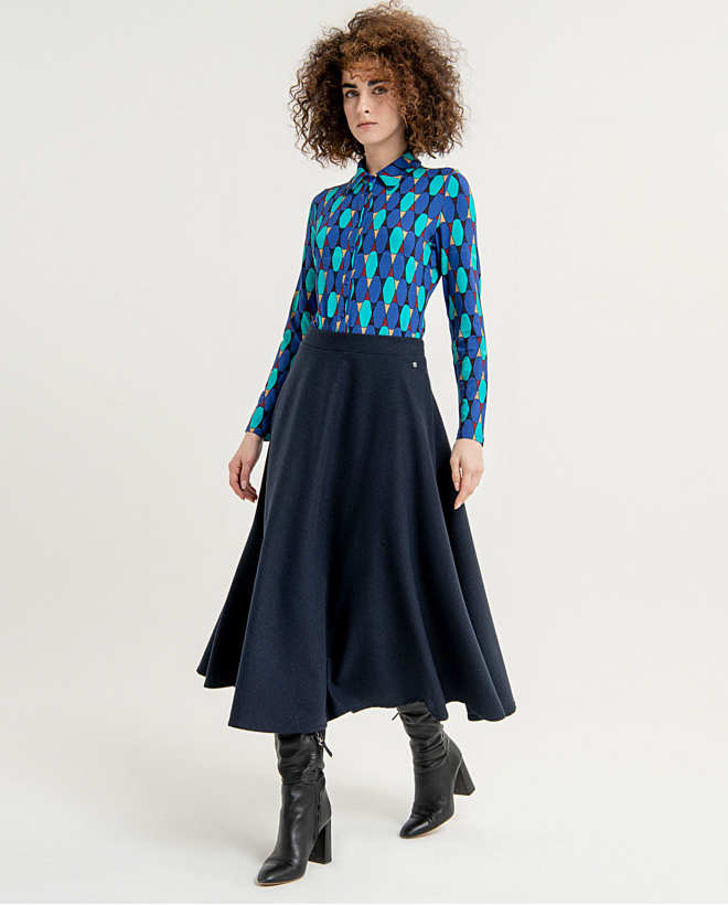 Plain long skirt with flounce Deep blue