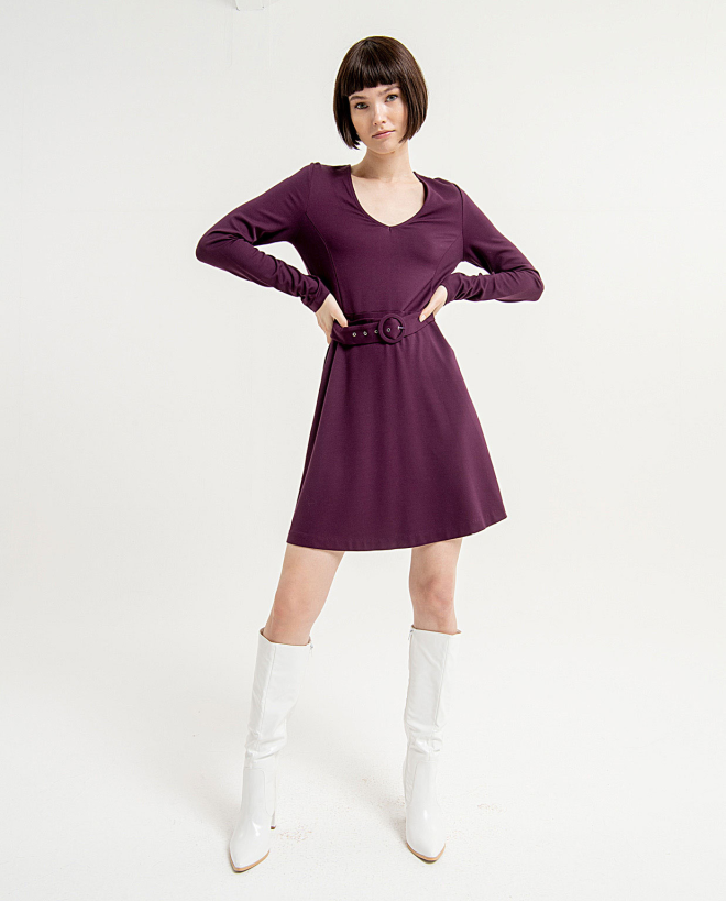 Short flared dress with plain belt Purple