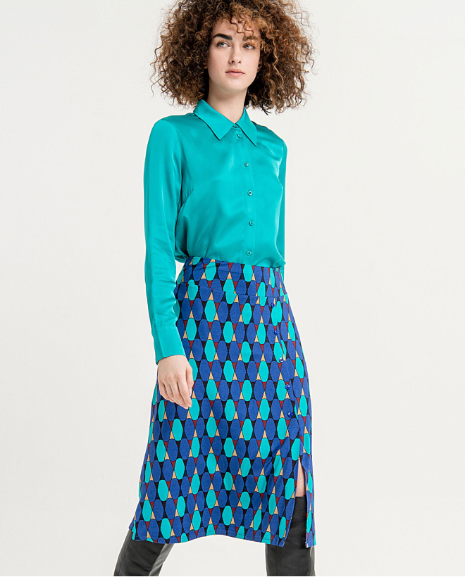Printed side slit midi skirt Blue