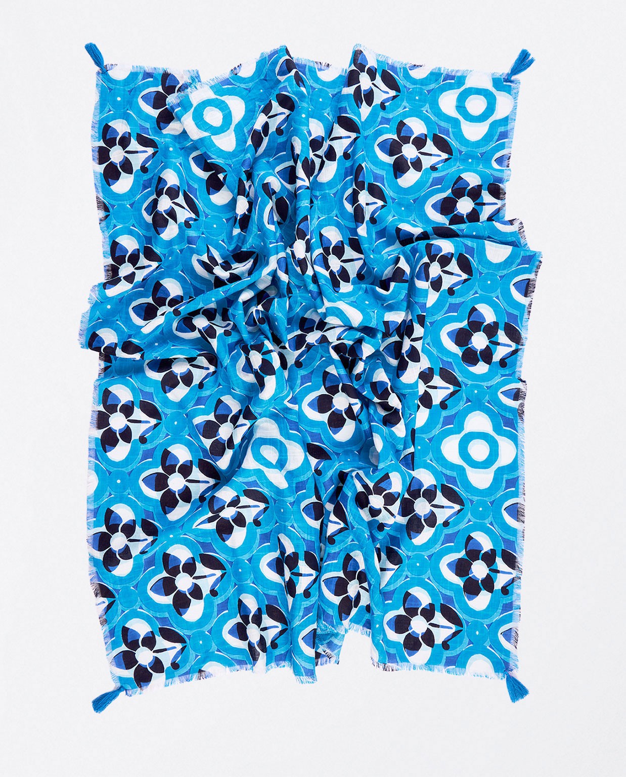 Cachecol quadrado com franjas e pompons Azul