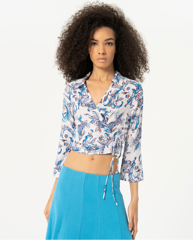 Printed crop top blouse with sleeves Blue