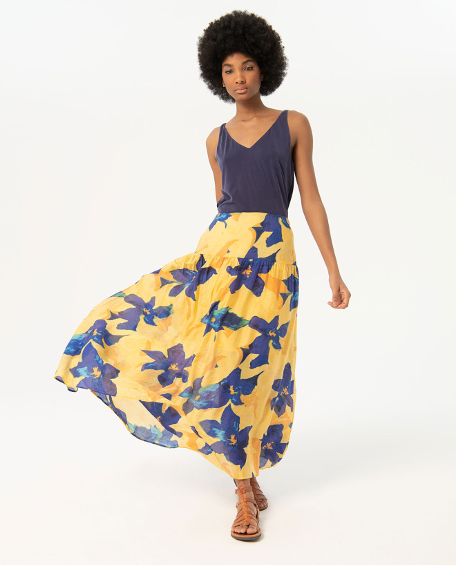 Printed long skirt with flounce Yellow