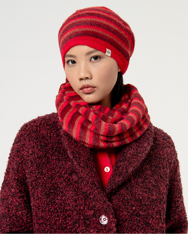 Striped fur beret Red