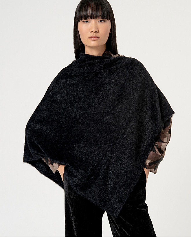 Poncho de malha simples com pelo Preto