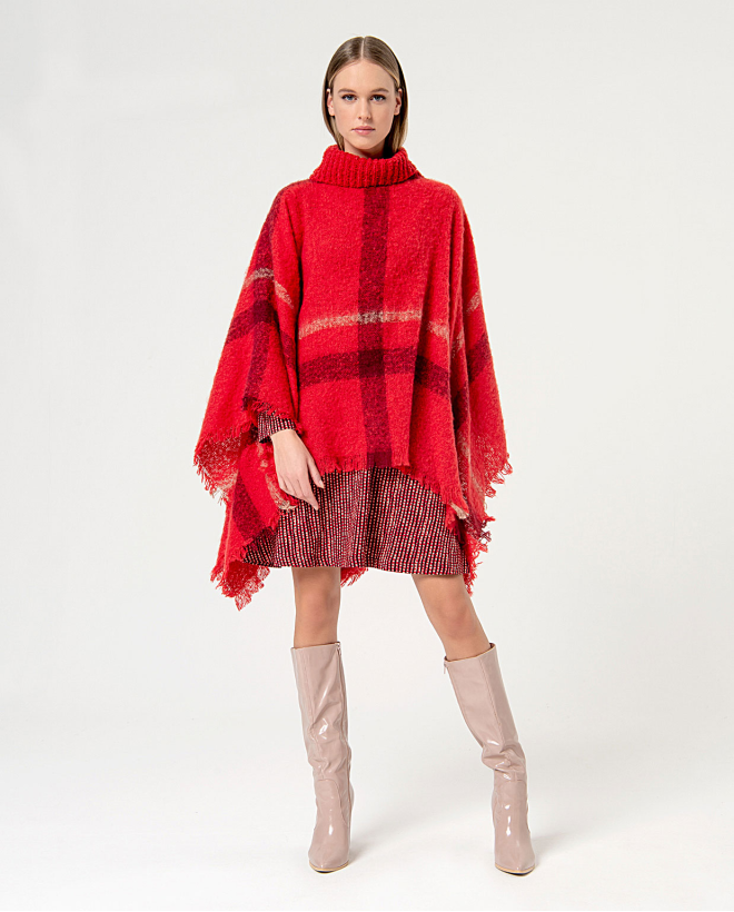 Poncho cuello alto a cuadros Rojo