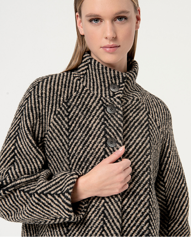 Oversize herringbone coat with high collar Black