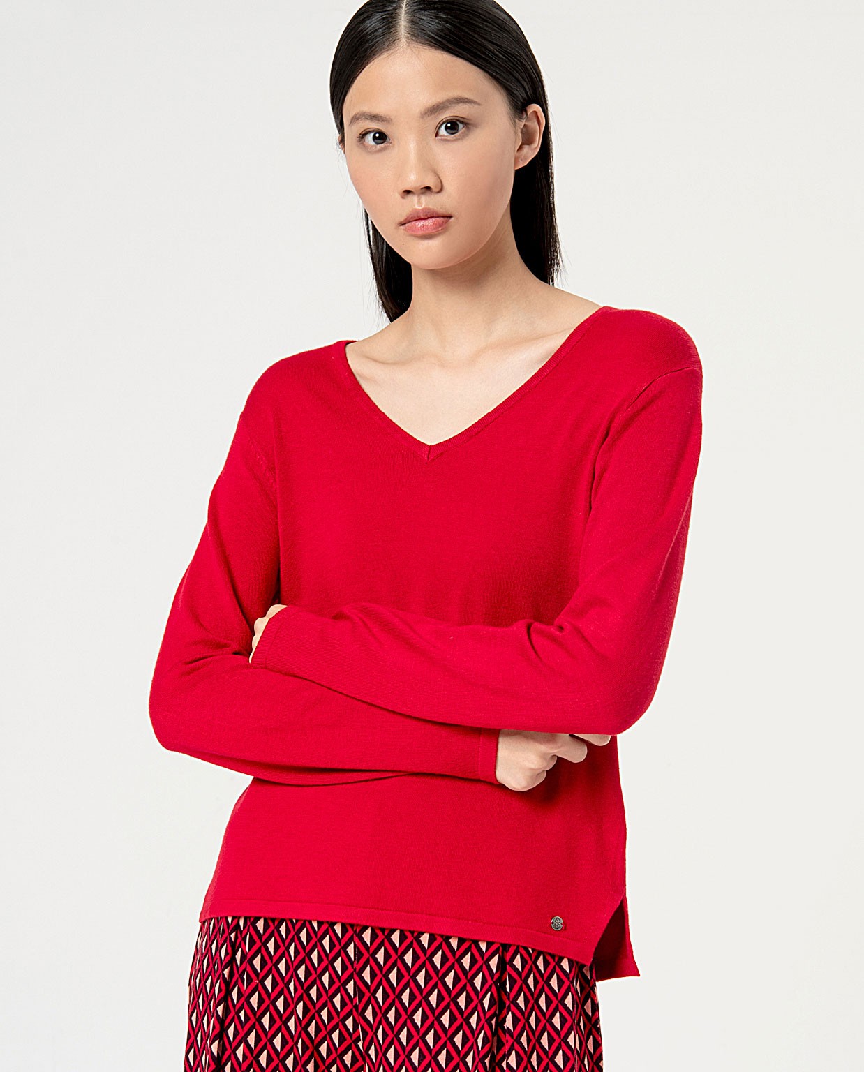 Camisola com decote em V Vermelho