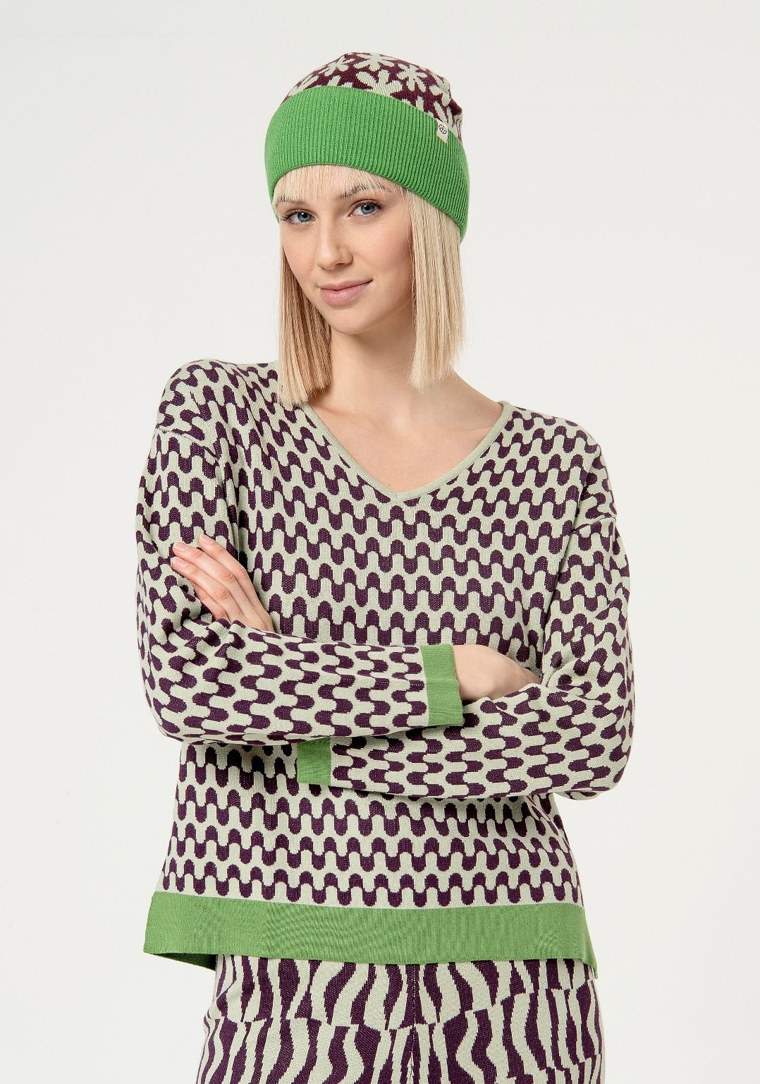 Camisola em jacquard com decote em V Verde ácido