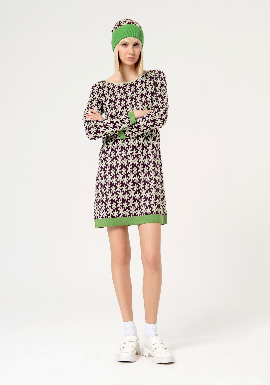 Printed stretch jacquard stretch dress Acid green