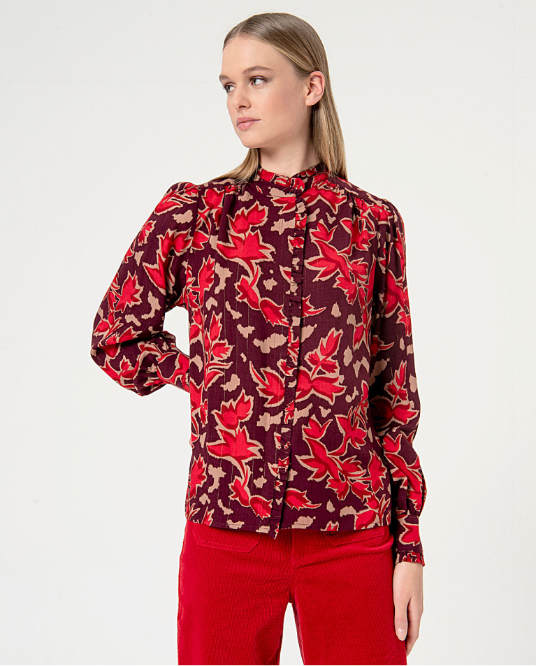 Printed viscose blouse with ruffles Maroon