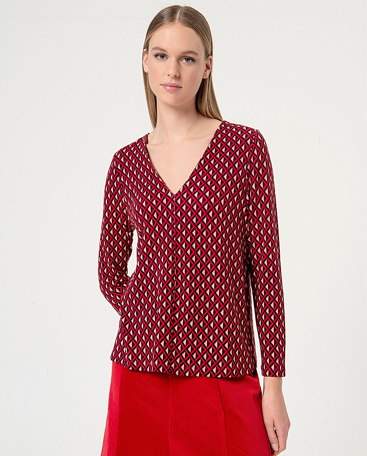 Stretch long sleeve printed blouse Red