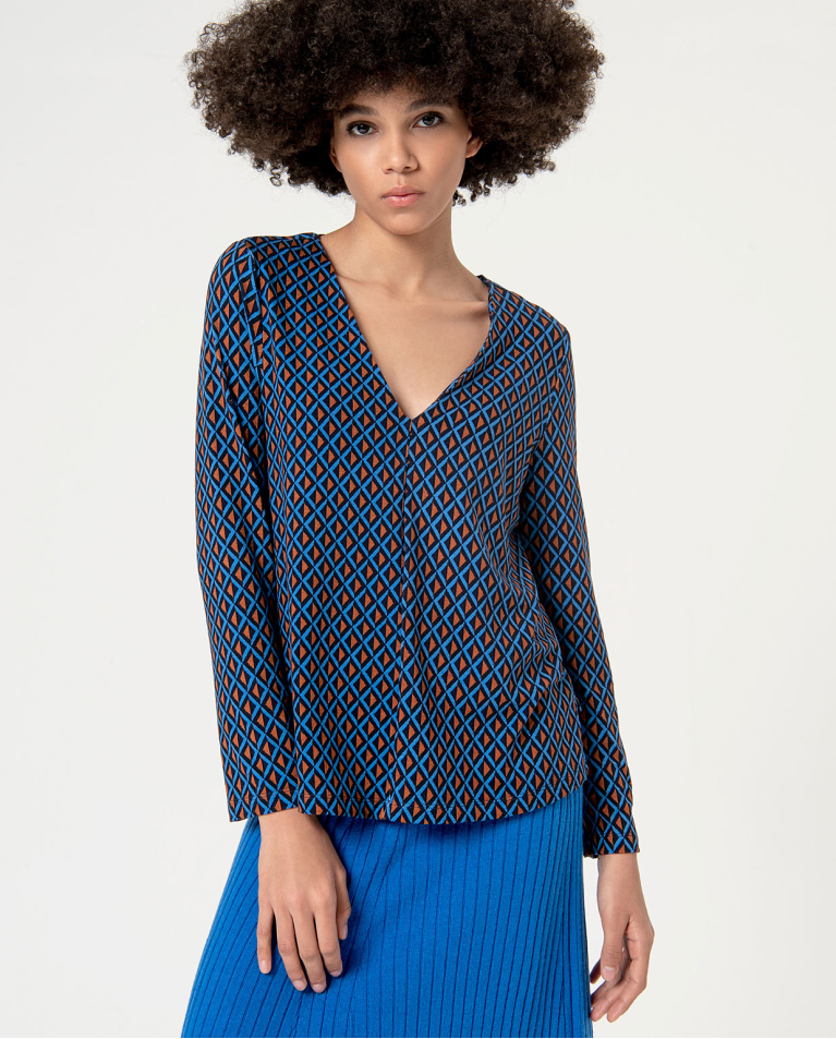 Stretch long sleeve printed blouse Blue