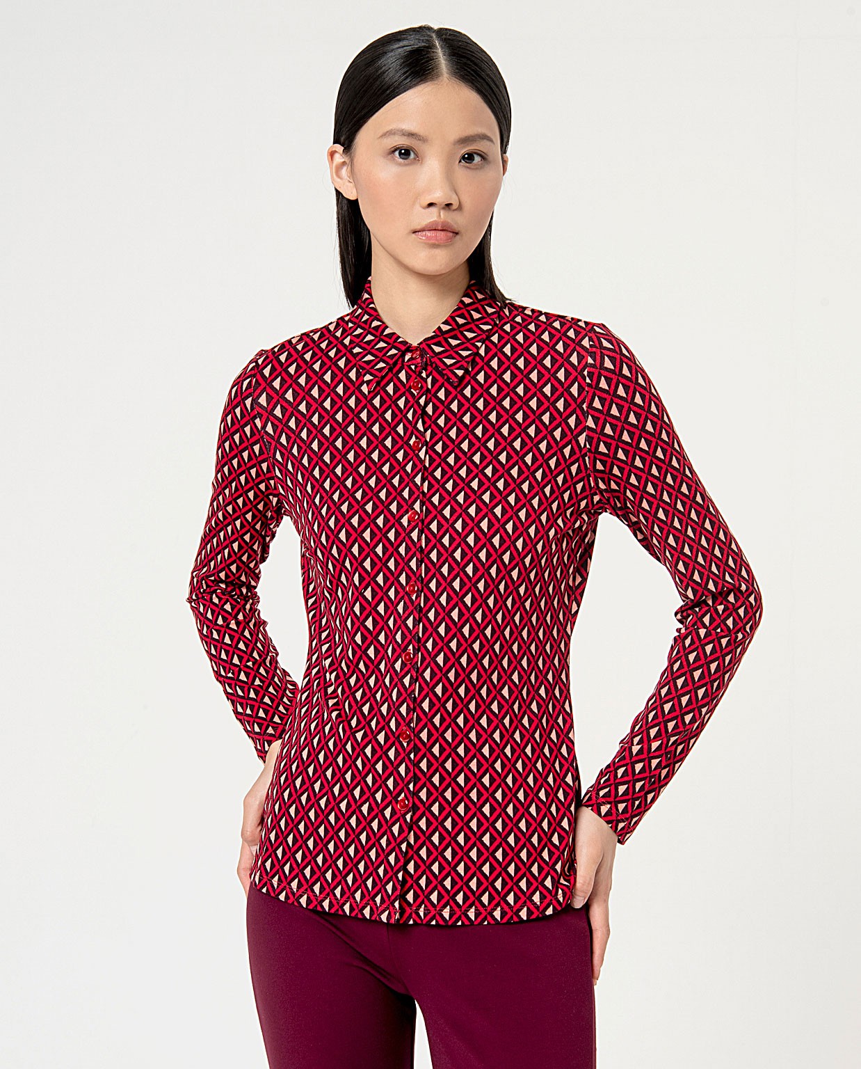 Printed long sleeve elastic shirt Red