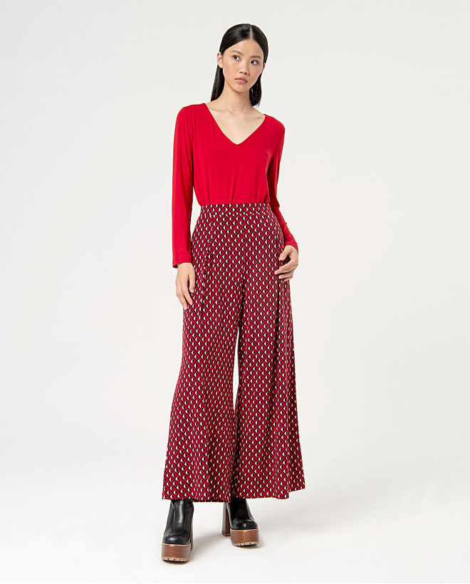 Pantalón wide leg elástico estampado Rojo