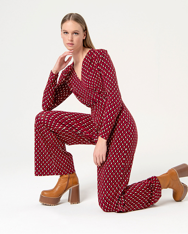 Stretch printed cross over jumpsuit Red