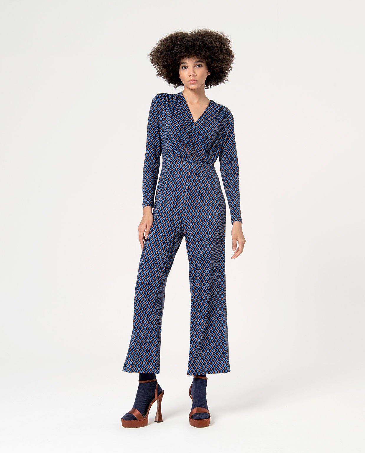 Stretch printed cross over jumpsuit Blue