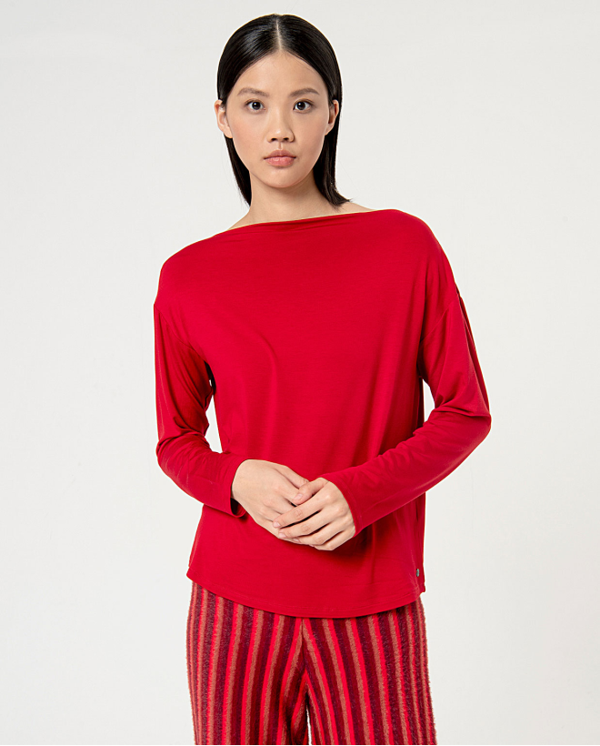 Smooth boat neck long sleeve t-shirt Red