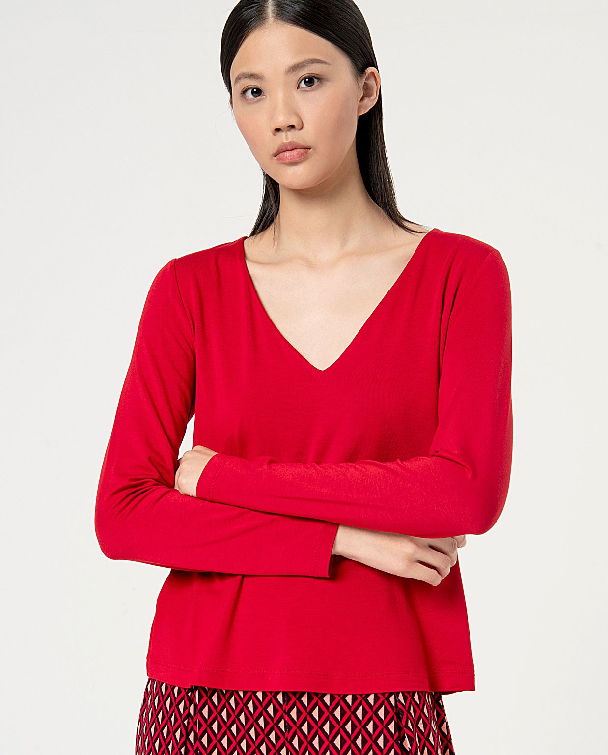 Plain long sleeve V-neck t-shirt Red