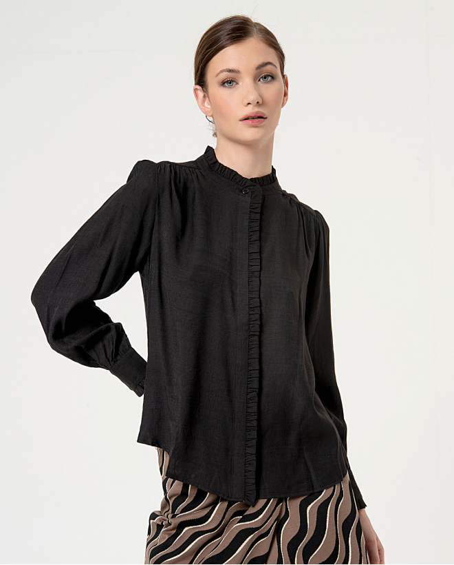 Smooth ruffled mao collared shirt Black