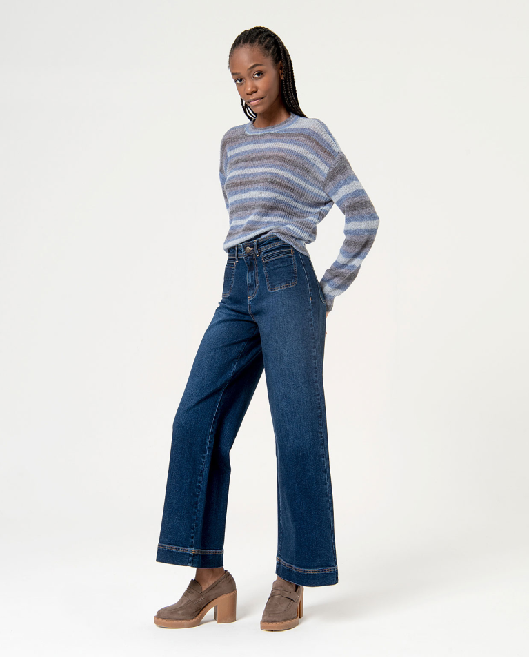 Smooth stretch stretch flare jeans Deep blue