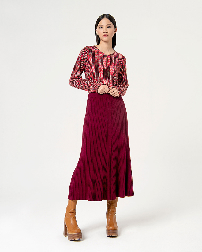 Plain chunky knit midi skirt Bourdeaux