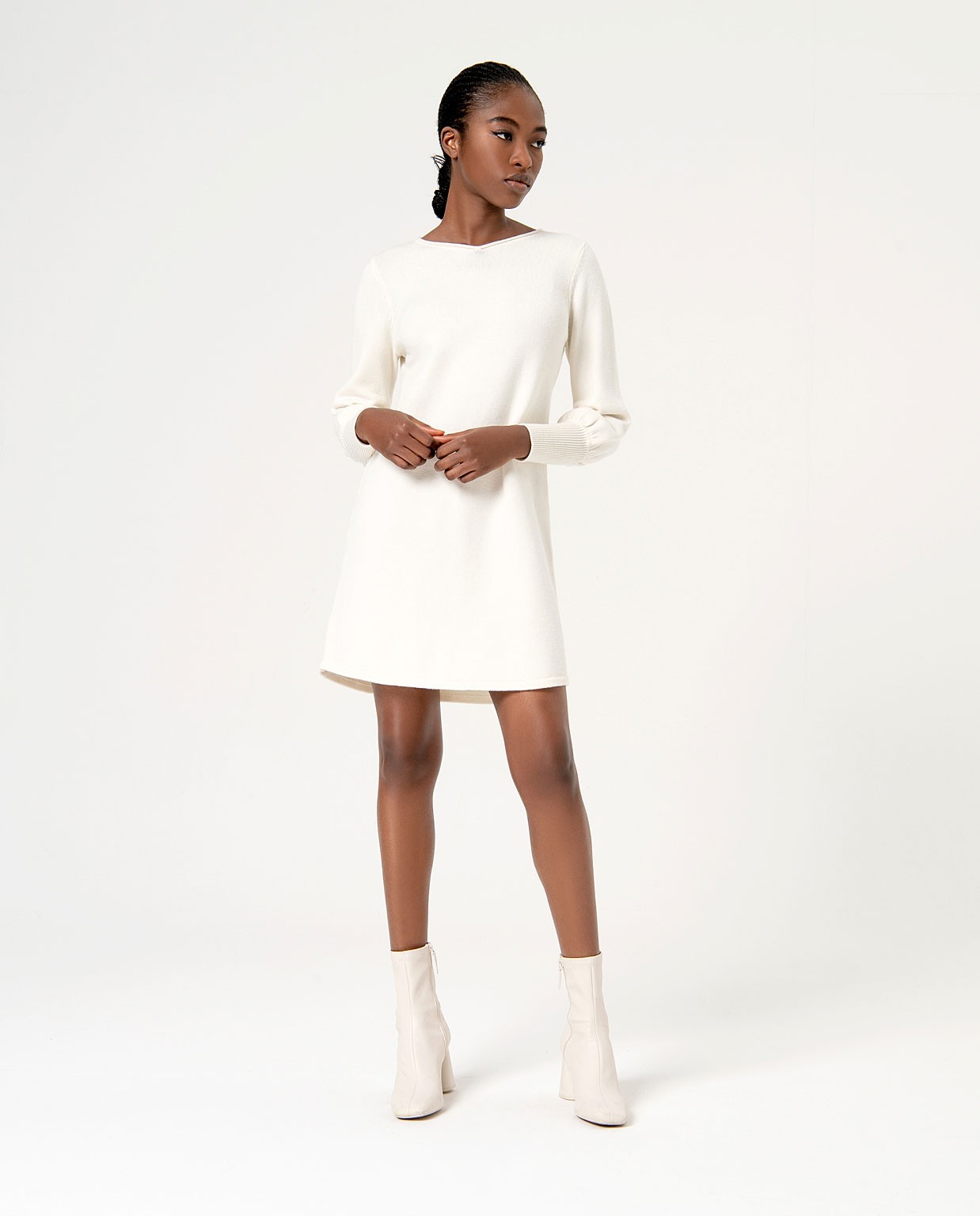 Plain straight knit dress Ecru