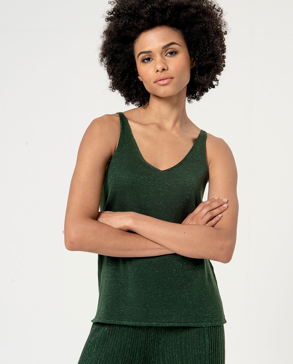 Plain metallic yarn knit top Green