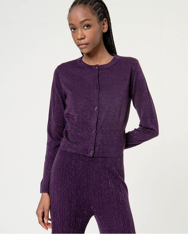 Cárdigan cropped hilo metalizado liso Morado