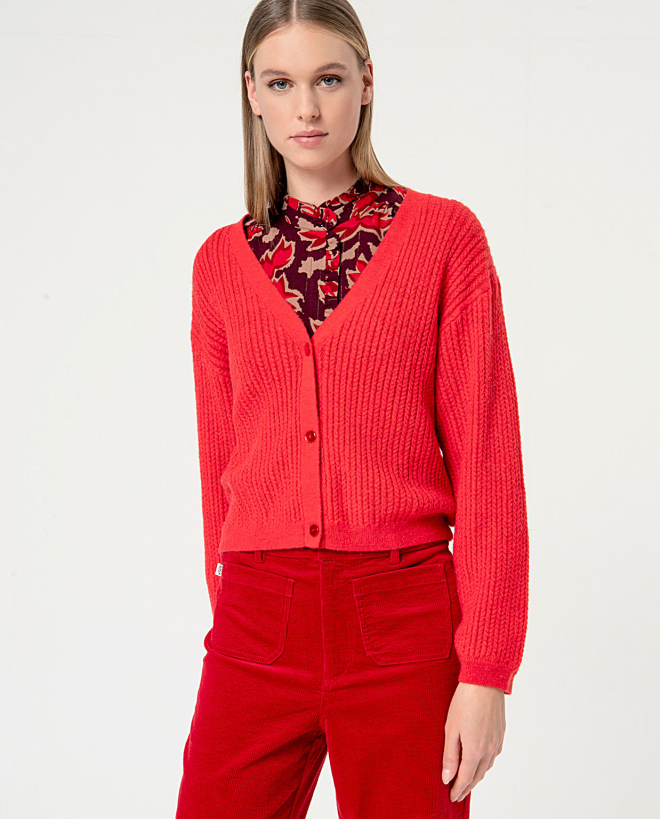 Short plain knit cardigan Red