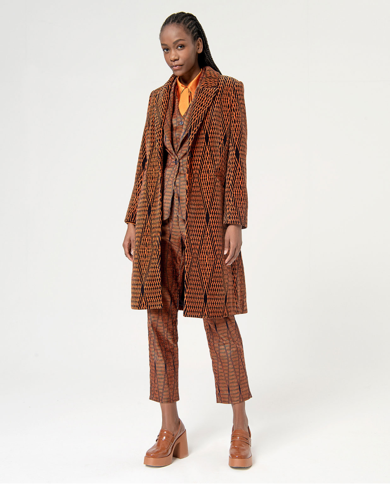 Patterned satin jacquard coat Orange